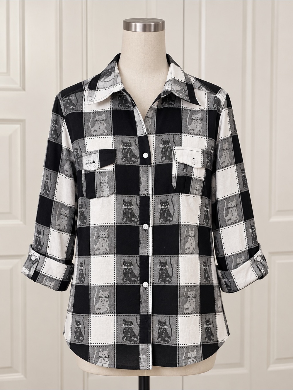 Cherishharts Cat Print Plaid Button Down Shirt 100% Cotton Size 2X NWT
